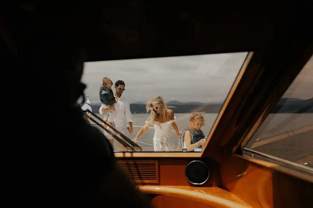Katie and Danny framed by the boat windows