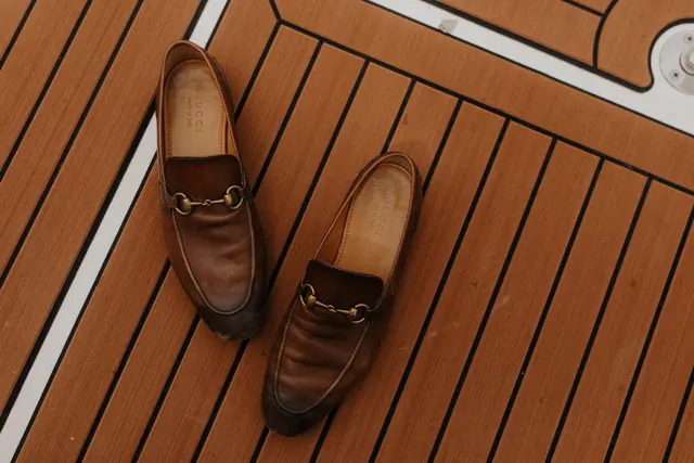 Wedding shoes on the teak deck
